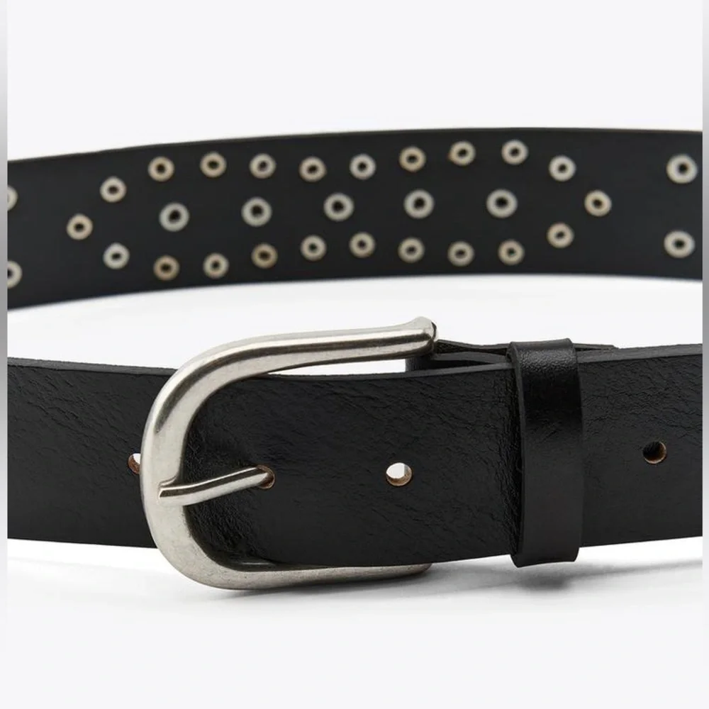 NWT. Zara Black Leather Animal Print Studded Belt. Size 32.